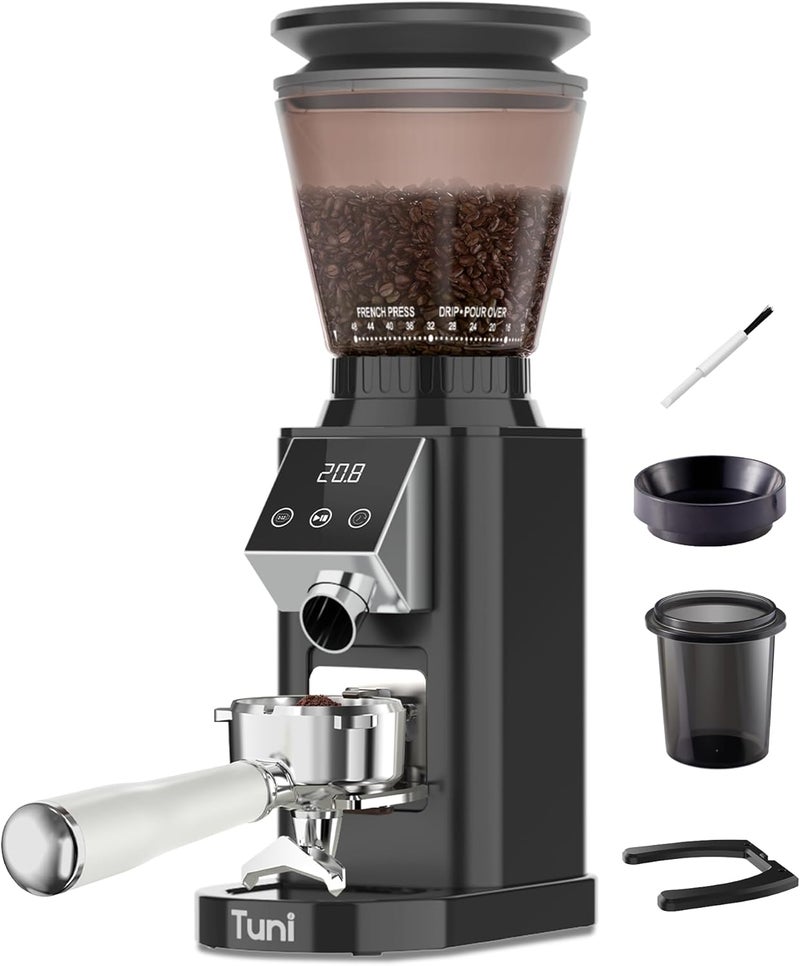 Tuni G1 Conical Burr Coffee Grinder, 48 Grind Settings Anti-static Burr Mill, Precision Electronic Timer and LED Touchscreen for Espresso/Drip/Cold Brew/French Press, Stainless Steel, Noir - Image 1